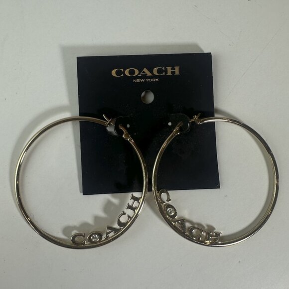 Coach Medium Hoop Earrings Gold Signature Logo Spellout Jewel Rhinestone - Picture 7 of 11